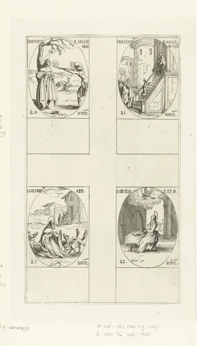 Heilige Edmundus van East Anglia, Presentatie van Maria in de tempel (Maria Presentatie), Heilige Columbanus van Bobbio, Heilige Caecilia van Rome (20-22 november) by Jacques Callot, print, 1632-1636