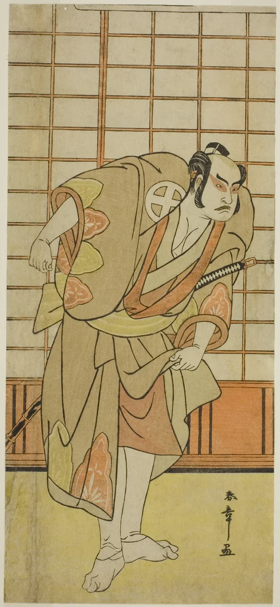 The Actor Otani Hiroji III as Hata no Daizen Taketora Disguised as Shikishima Wakahei in the Play Juni-hitoe Komachi-zakura, Performed at the Kiri Theater in the Eleventh Month, 1784 by Katsukawa Shunsho (勝川 春章), print, 1779-1789