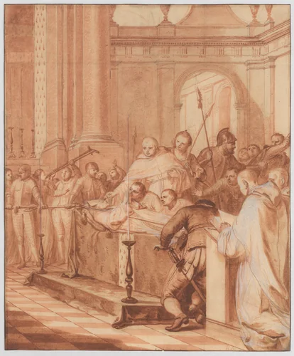 Scene 34: To satisfy the devotion of the people, they are forced to leave the Blessed Abbot's body on display for three days; many miracles are performed by Matthieu Elias, drawing, 1706-1707