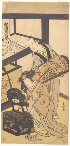 The Third Segawa Kikunojo in His Dressing Room by Katsukawa Shunkō (勝川春好), print, 1785