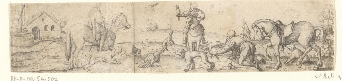 Drie valkeniers met paarden by Unknown, print, 1524-1562