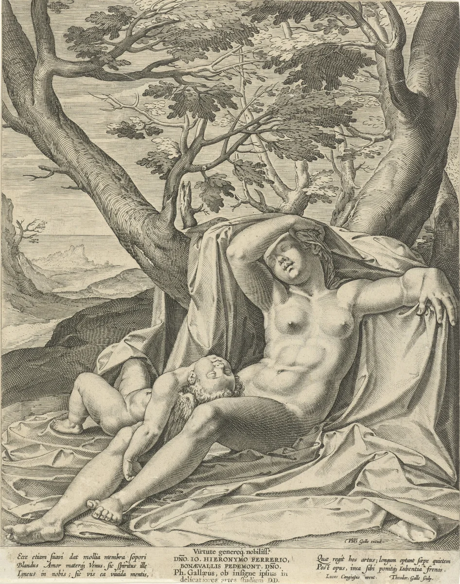 Slapende Venus en Cupido by Unknown, print, 1581-1612