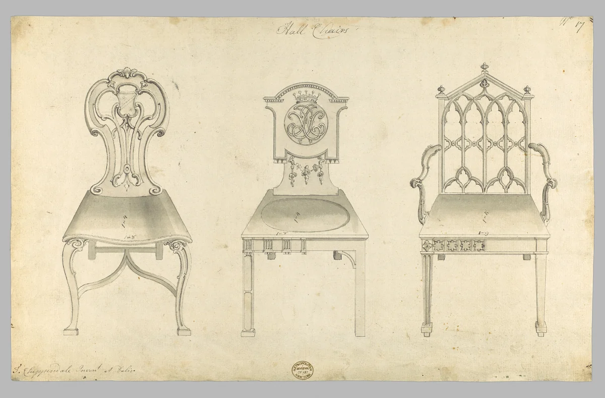 Hall Chairs, in Chippendale Drawings, Vol. I by Thomas Chippendale, drawing, 1759