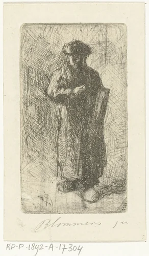 Kunstenaar op klompen met tekenmap onder zijn arm by Bernardus Johannes Blommers, print, 1855-1892