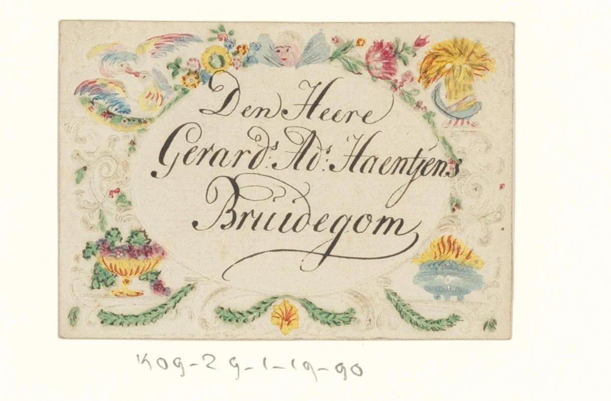 Bruiloftskaart voor de bruidegom 'Den Heere Gerard.s Ad.s Haentjens' by anonymous, print, 1783