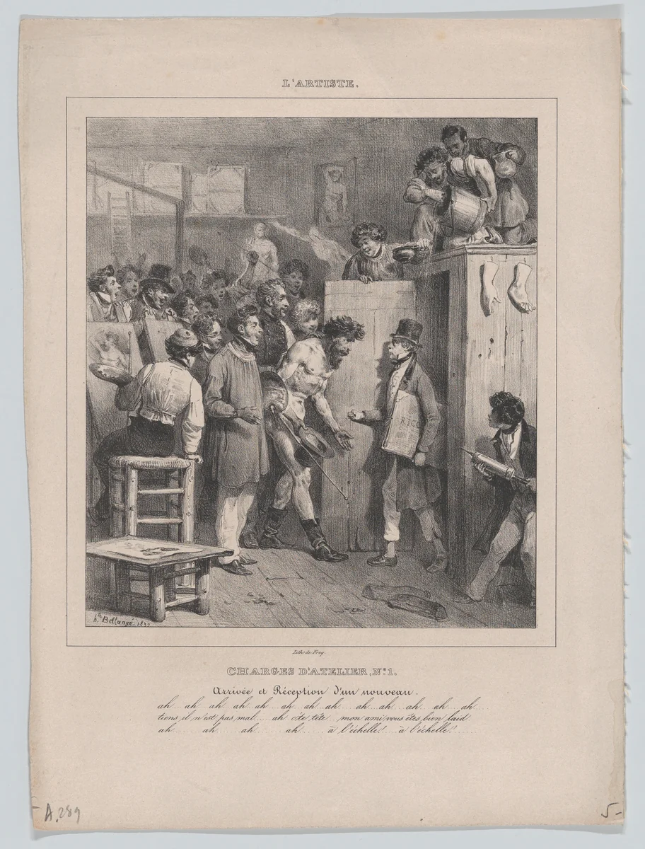 Responsibilities of an Atelier: Number 1: The Arrival and Reception of a Newcomer by Hippolyte Bellangé, print, 1832