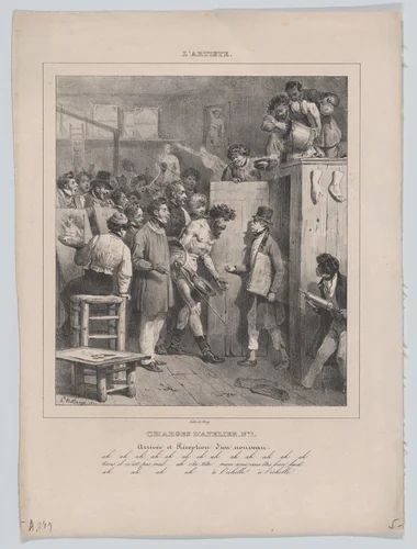 Responsibilities of an Atelier: Number 1: The Arrival and Reception of a Newcomer by Hippolyte Bellangé, print, 1832