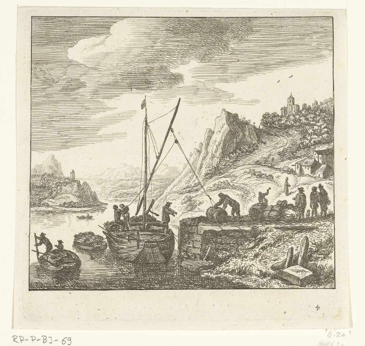 Riviergezicht met mannen die vaten op een zeilschip laden by Jan van Almeloveen, print, 1662-1683