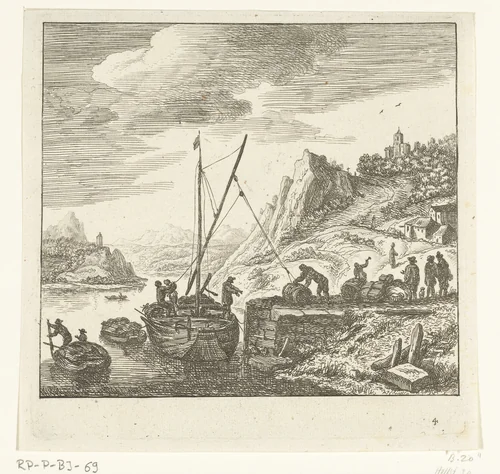 Riviergezicht met mannen die vaten op een zeilschip laden by Jan van Almeloveen, print, 1662-1683