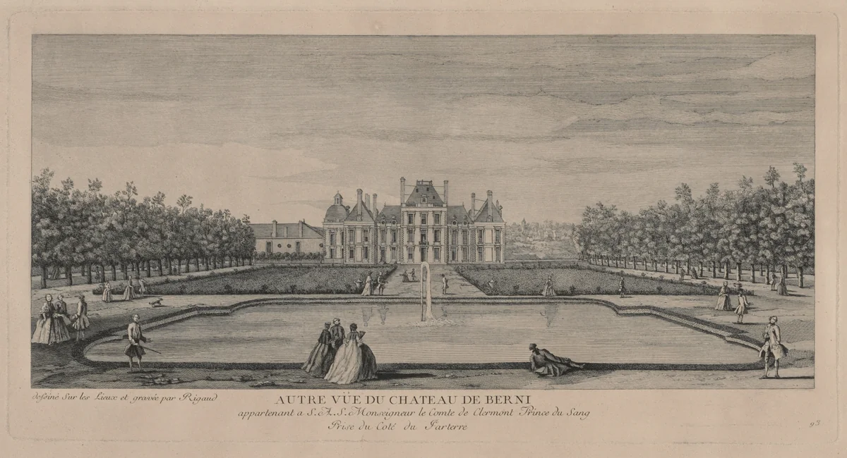 Chateau of Berny from the Gardens by Jacques Rigaud, print, 1700-1754