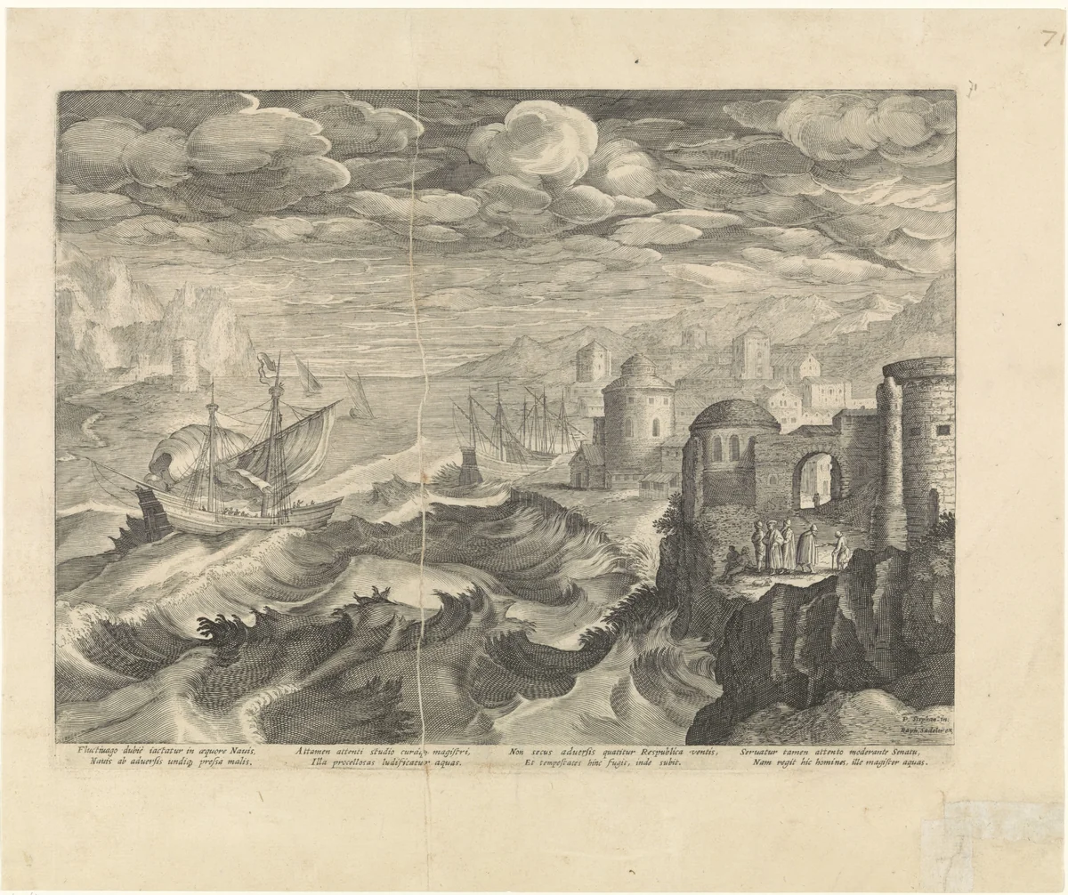 Kustlandschap met een haven by Unknown, print, 1570-1632