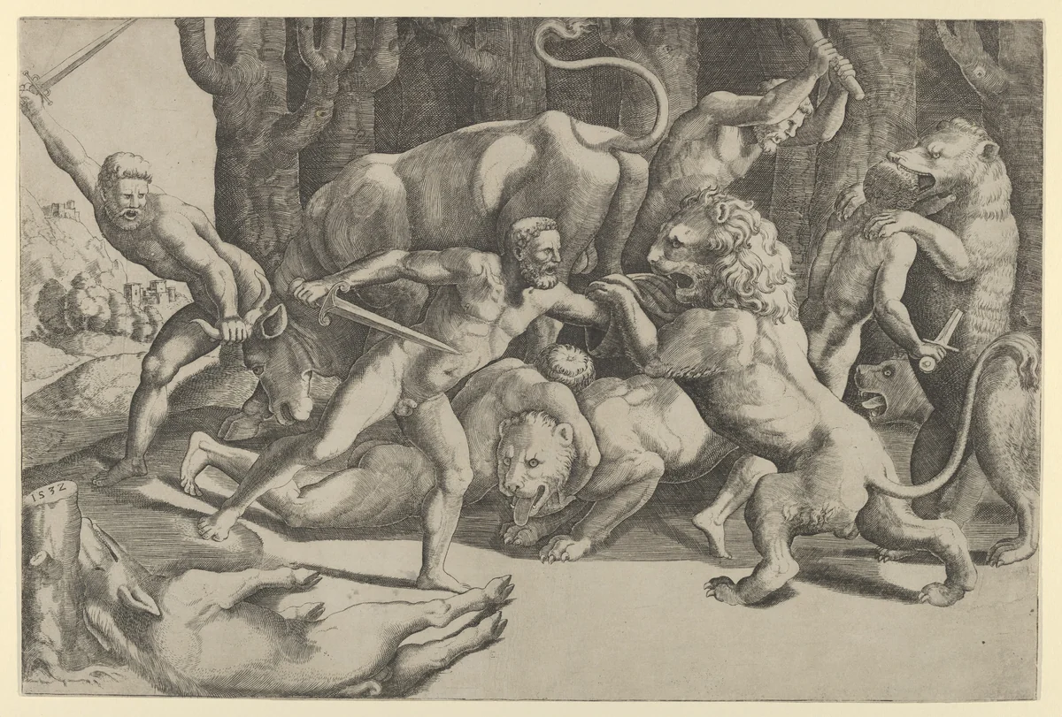 Five men fighting beasts, at lower left is a fallen boar by Master of the Die, print, 1532