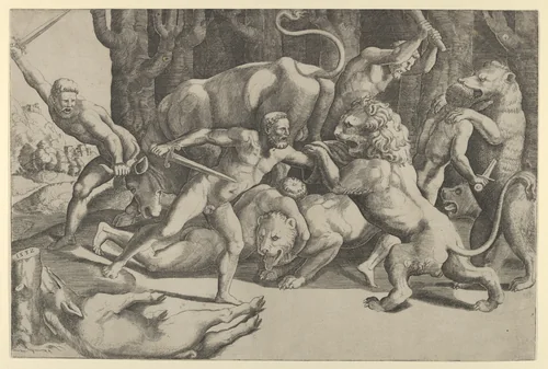Five men fighting beasts, at lower left is a fallen boar by Master of the Die, print, 1532