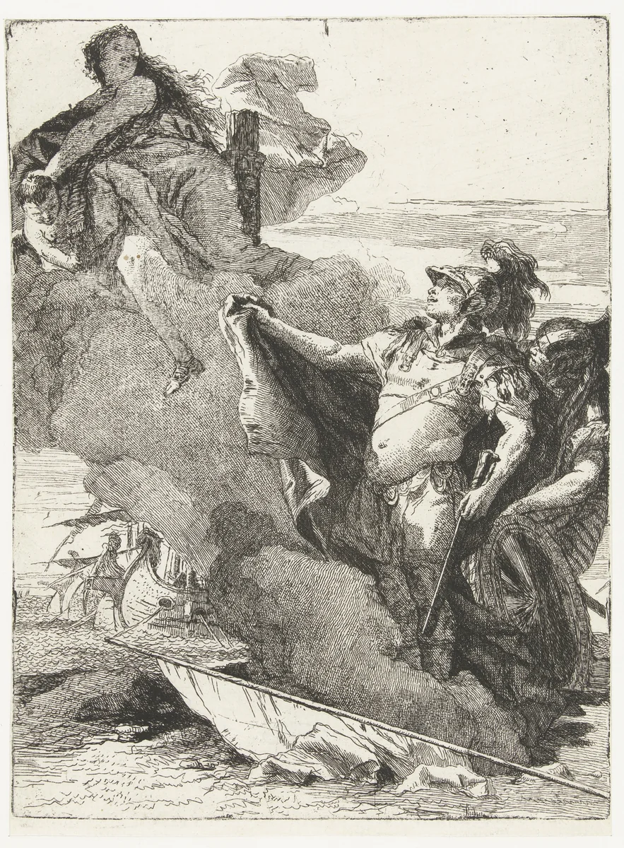Venus wijst Aeneas en Achates de weg naar Dido's paleis by Giovanni Domenico Tiepolo, print, 1757-1760