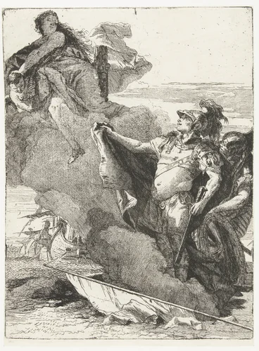 Venus wijst Aeneas en Achates de weg naar Dido's paleis by Giovanni Domenico Tiepolo, print, 1757-1760
