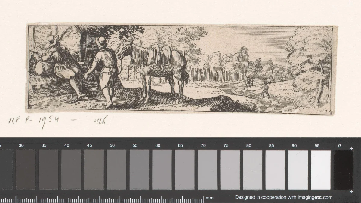 Ruiter in gesprek met zittende man by anonymous, print, 1596-1652