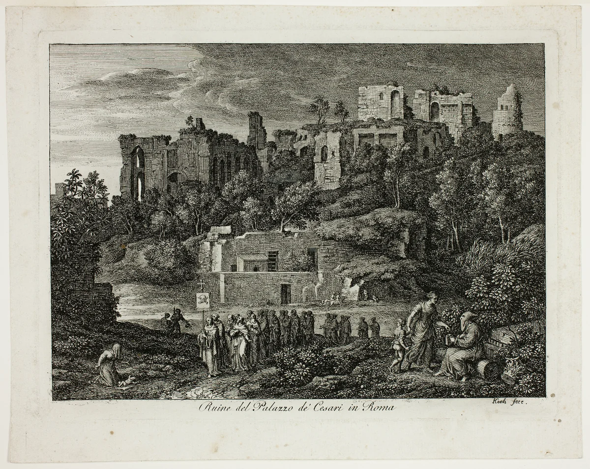 Ruins of the Palace of the Caesars in Rome, plate eight from Die Römische Ansichten by Joseph Anton Koch, print, 1810
