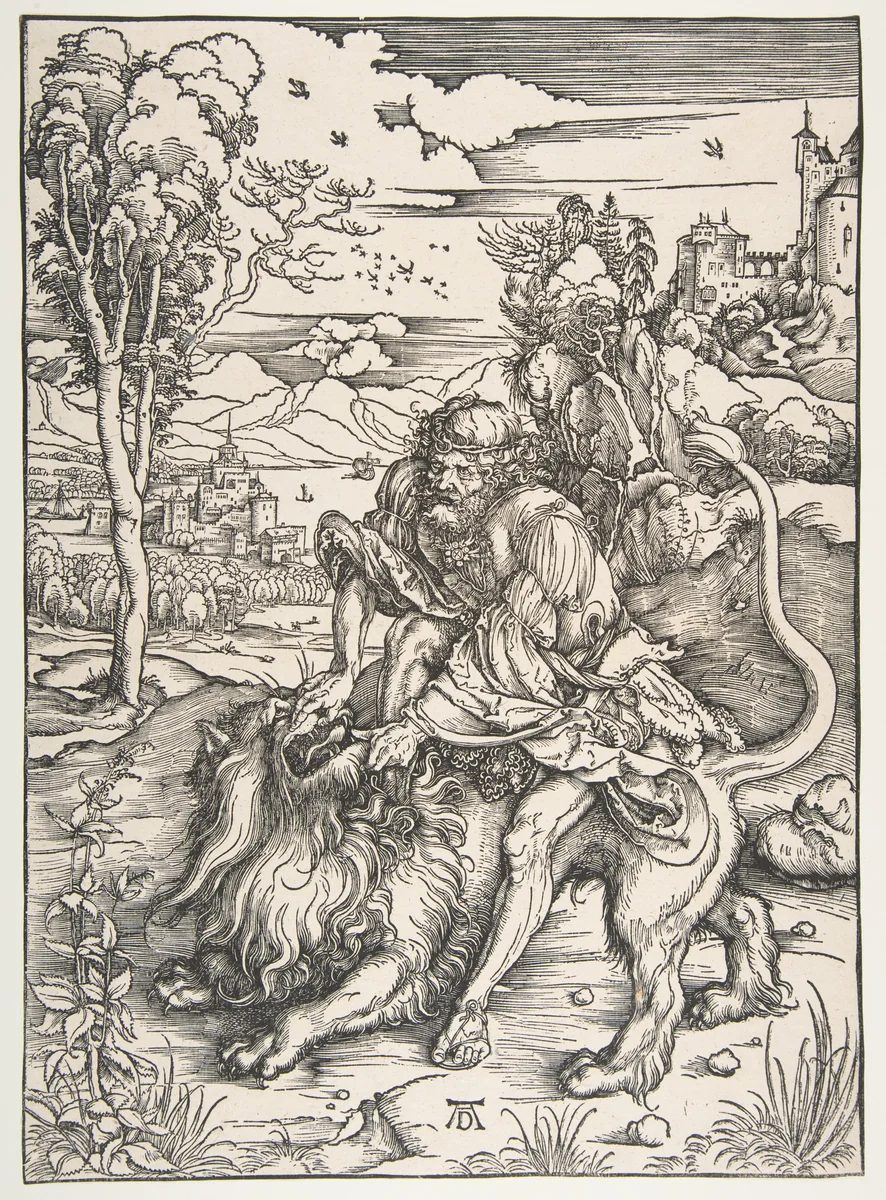 Samson Rending the Lion by Albrecht Dürer, print, 1497-1498