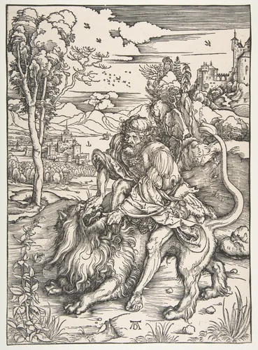 Samson Rending the Lion by Albrecht Dürer, print, 1497-1498