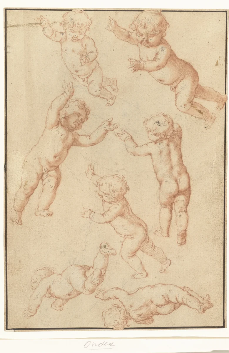 Studieblad met zeven zwevende putti by Abraham Bloemaert, drawing, 1571-1651