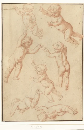 Studieblad met zeven zwevende putti by Abraham Bloemaert, drawing, 1571-1651