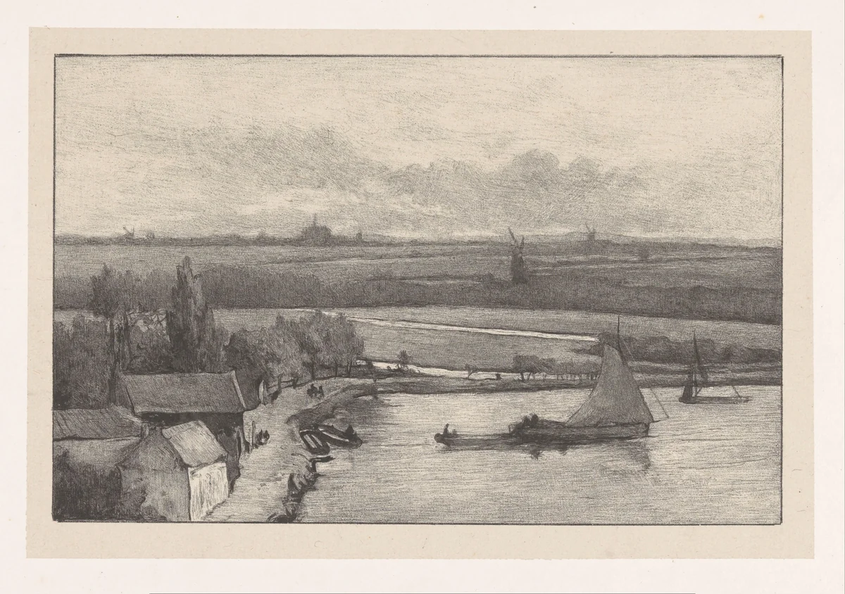 Landschap met zeilschepen op het water by Richard Nicolaüs Roland Holst, print, 1892