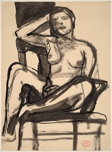 Untitled [seated female nude with right arm on chair back] by Richard Diebenkorn, drawing, 1955-1967