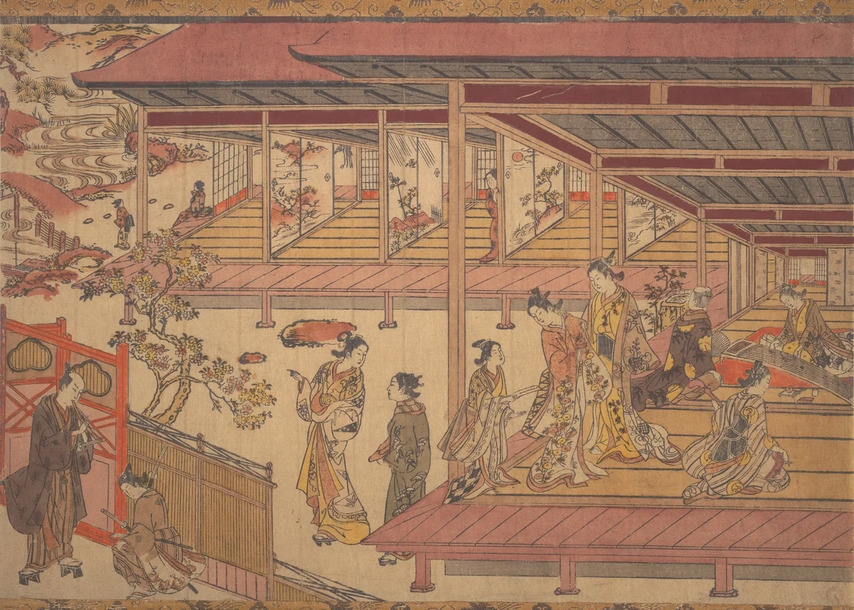 A Man Standing Outside the Gate of a Large House by Okumura Masanobu (奥村政信), print, 1728-1748