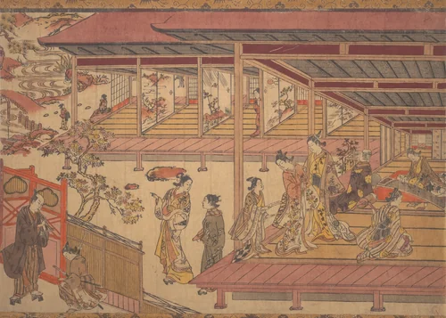 A Man Standing Outside the Gate of a Large House by Okumura Masanobu (奥村政信), print, 1728-1748