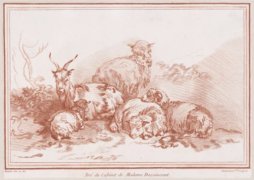 Une chèvre et quatre moutons by Gilles Demarteau, print, 1737-1776