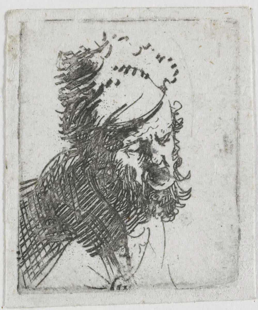Head of a man in a fur cap, crying out by Rembrandt van Rijn, print, 1629