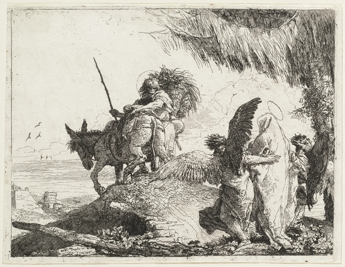 The Flight, with Madonna at Right Supported by Angels by Giovanni Domenico Tiepolo, print, 1753