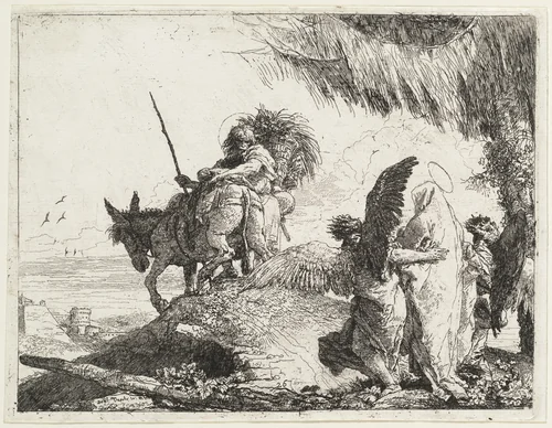 The Flight, with Madonna at Right Supported by Angels by Giovanni Domenico Tiepolo, print, 1753