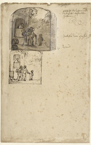 Two Sketches of the Dismissal of Hagar by Jacob van Dorsten, drawing, 1650-1674