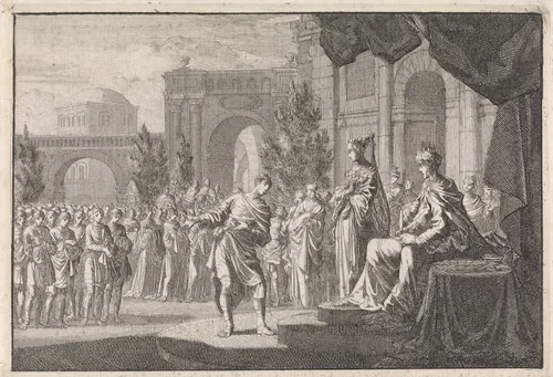 Hyrkanus voor de troon van Ptolomeüs Philadelphus by Jan Luyken, print, 1704