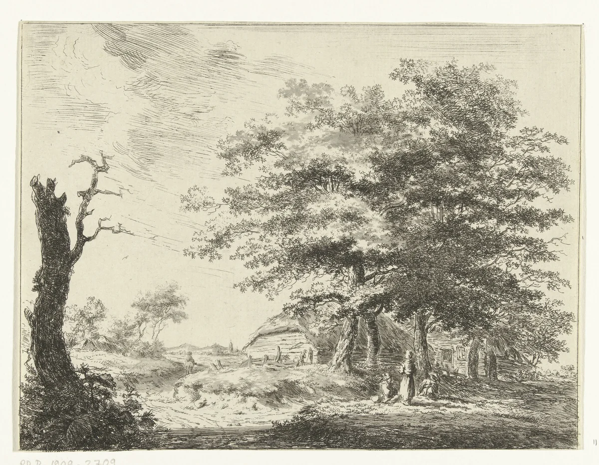 Landschap met boerderij en figuren onder bomen by Hermanus van Brussel, print, 1800-1815