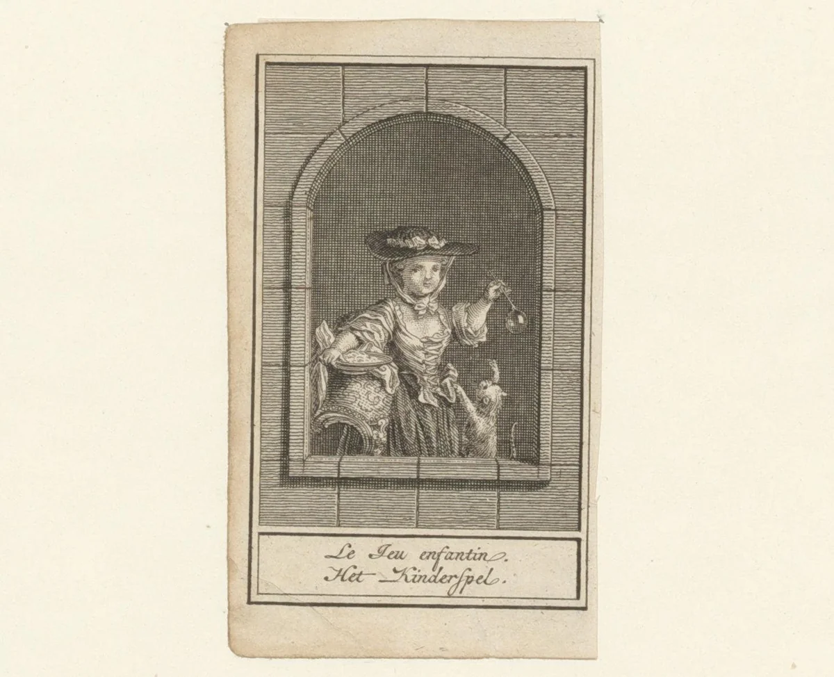 Meisje speelt met een bel en kat by anonymous, print, 1700-1799