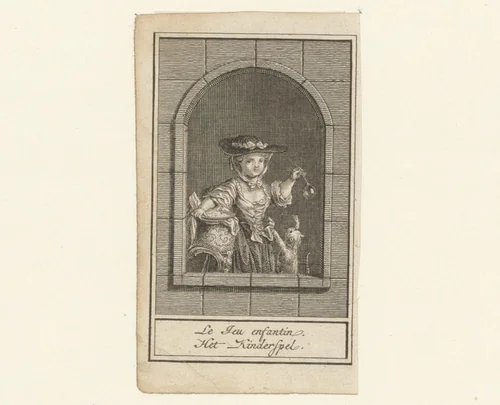Meisje speelt met een bel en kat by anonymous, print, 1700-1799