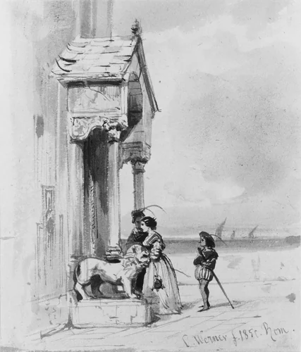 Couple Entering Building, with Attendant (from Cropsey Album) by Carl Friedrich Heinrich Werner, artwork, 1850