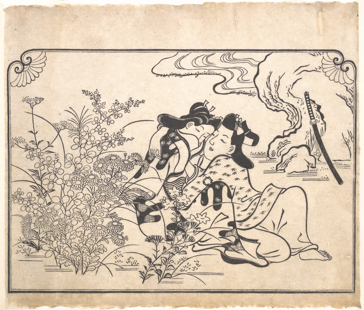 Lovers Beside Flowering Autumn Grasses by Hishikawa Moronobu (菱川師宣), print, 1680-1689