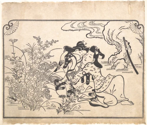 Lovers Beside Flowering Autumn Grasses by Hishikawa Moronobu (菱川師宣), print, 1680-1689