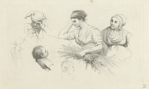 Studieblad met een vrouw met een takkenbos en figuren by Jacob Ernst Marcus, print, 1808