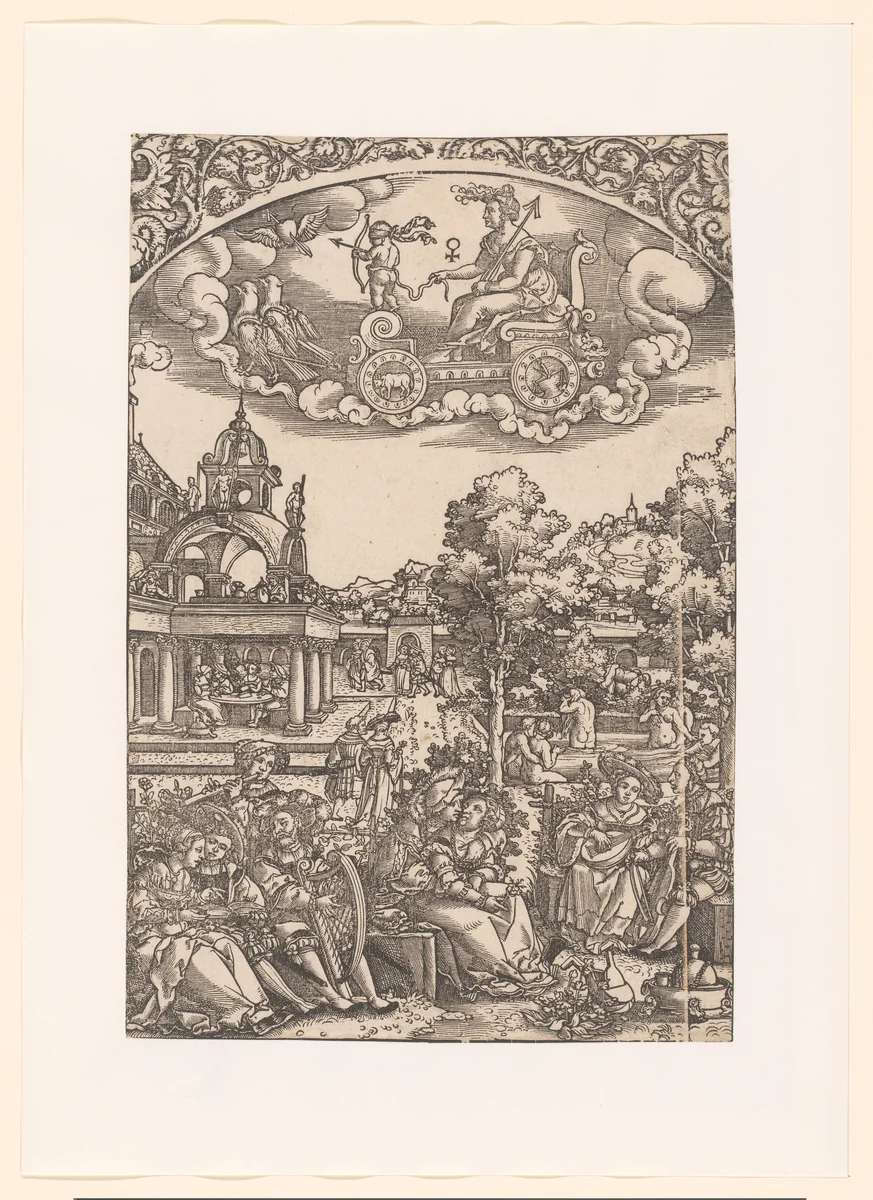 Venus in haar triomfwagen, daaronder haar planeetkinderen by anonymous, print, 1510-1550
