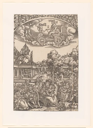 Venus in haar triomfwagen, daaronder haar planeetkinderen by anonymous, print, 1510-1550
