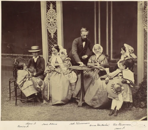 [Group Portrait of Five Adults and Two Children in a Garden] by Franz Antoine, photograph, 1850-1869