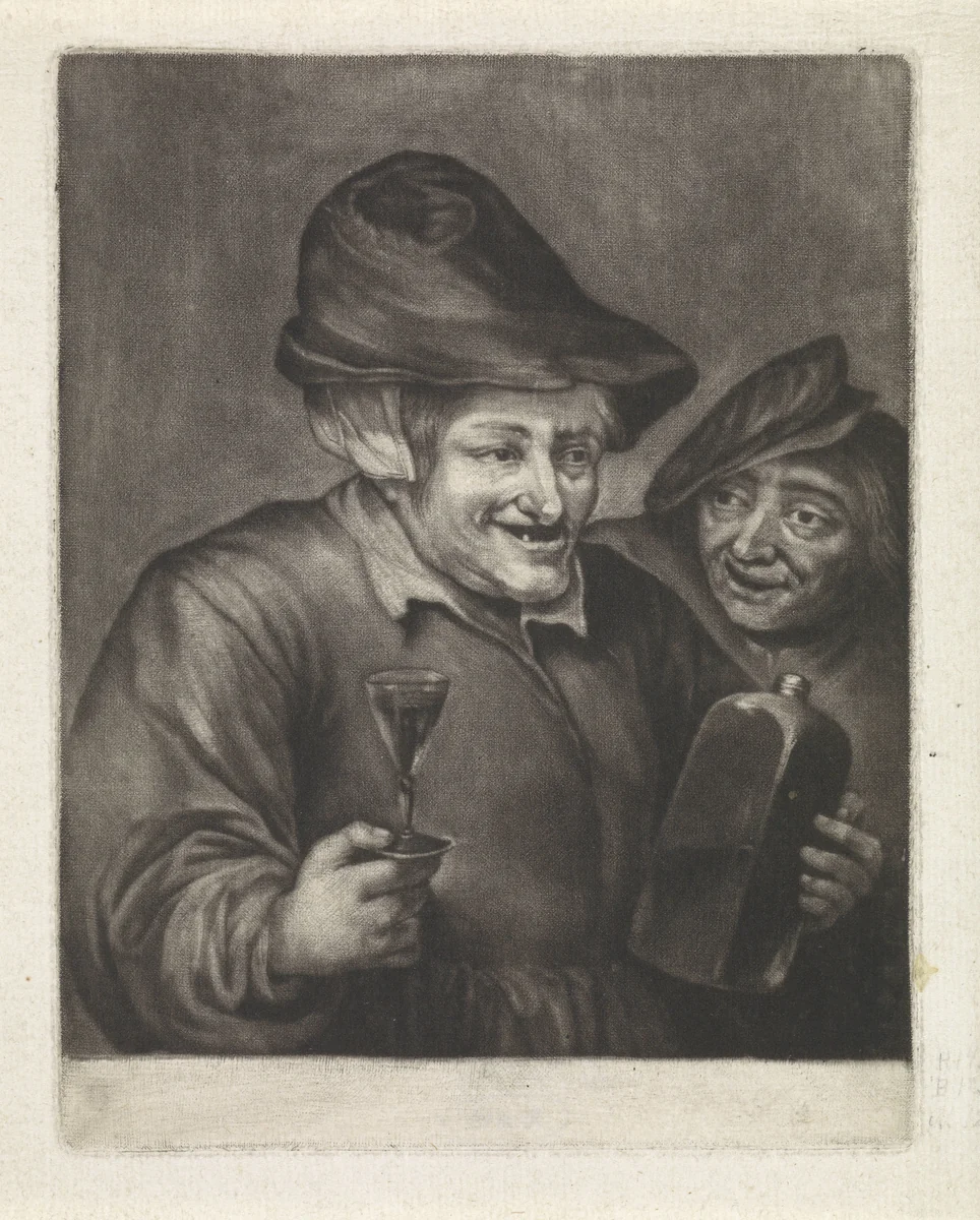 Oude man met een fles en een glas (variant A) by Jan van der Bruggen, print, 1659-1740