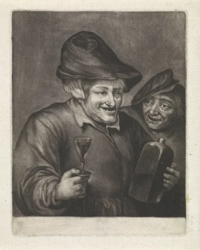 Oude man met een fles en een glas (variant A) by Jan van der Bruggen, print, 1659-1740
