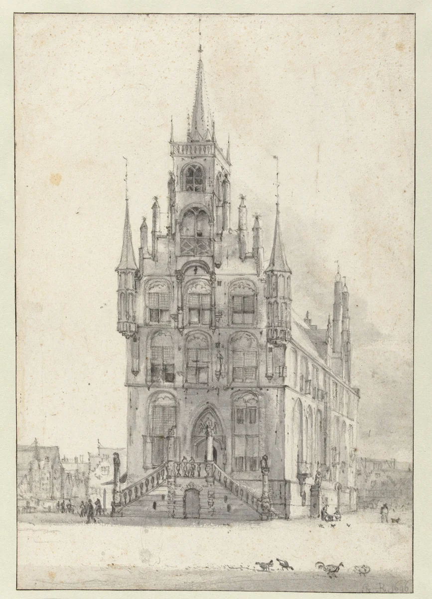 View of the Town Hall, Gouda by Roelant Roghman, drawing, 1646
