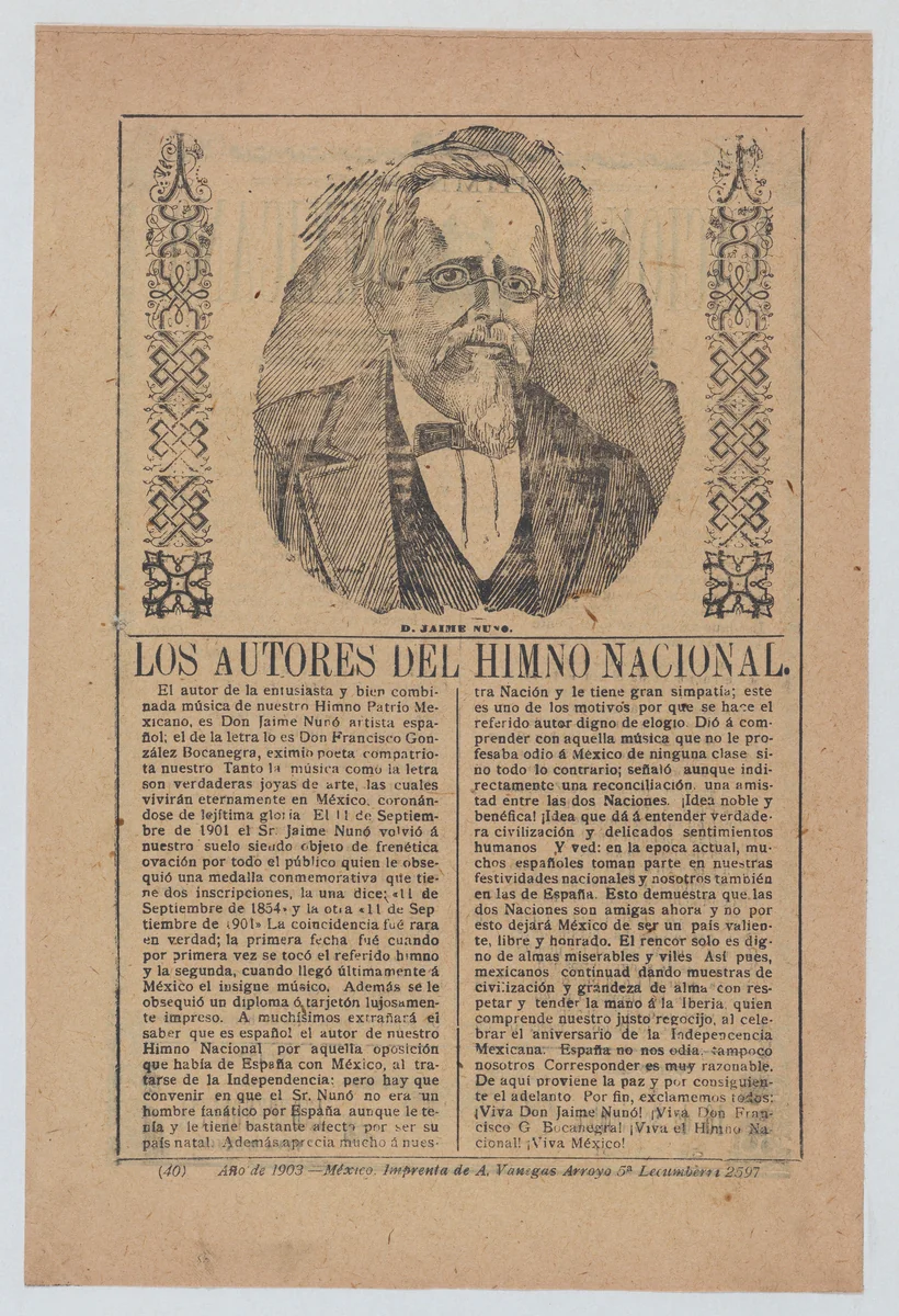 Broadsheet about the authors of Mexico's national anthem, portrait of Don Jaime Nuvo at center by José Guadalupe Posada, print, 1903