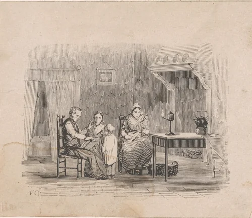 Interieur met een vader zijn gezin voorlezend by Isaac Weissenbruch, print, 1838-1912